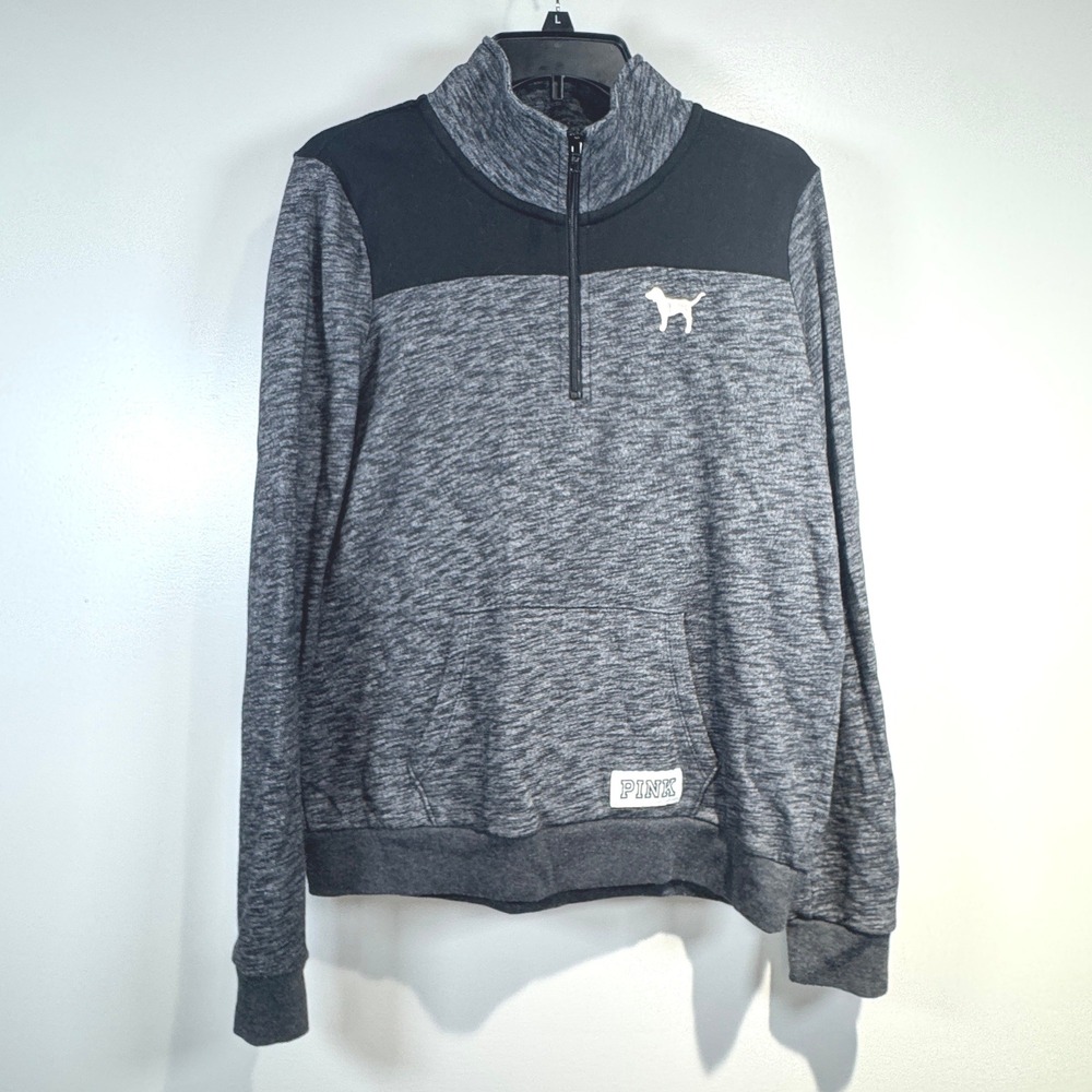 Victoria's Secret PINK Quarter Zip Pullover Sweatshirt Marled Grey Black M